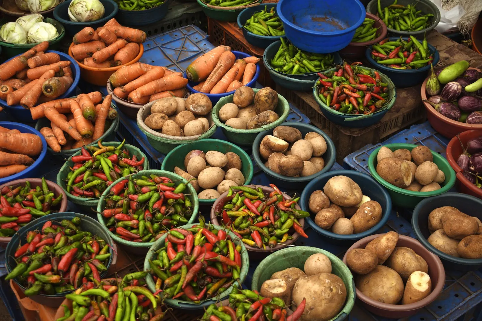 Sạp chợ bày nhiều thúng cà rốt, khoai tây và ớt nhiều màu